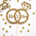 Adorno dorado brillante Mr & Mrs con anillos para decoración de pasteles de boda - Dorado