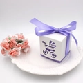 White laser-cut baby stroller favor box with purple ribbon for baby shower parties - Baby Stroller / No Ribbon / Purple