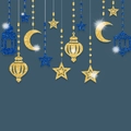 Hanging gold and blue glitter stars, crescent moon and lantern ornaments set - Blue Gold