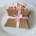 Boîte oreiller en papier kraft pour baptême avec ruban satin rose et pendentif tétine - Ruban Rose Tétine