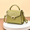 Grass green leather tote bag with pearl metal ring and elegant V-shaped stitching - Green