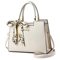 Minimalist beige pebble leather tote bag with printed silk scarf and gold hardware accents - Off White
