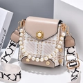 Chic beige plaid small crossbody bag featuring pearl chain and lettered strap - Khaki