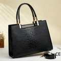 Classic black crocodile pattern PU leather tote bag with gold hardware and top handles - Black
