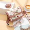 Chic cream mini square bag with Eiffel Tower print and colorful embroidery straps - Pink