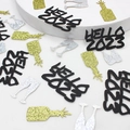 Glitter Hello 2023 party confetti with gold wine bottles and silver glasses decor - Gold Glitter Bottle, Silver Glitter Cups and Black HELLO 2023 Confetti