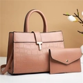 Pink faux leather tote bag and pouch set with crocodile texture and gold hardware - Pink