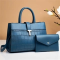 Dark blue leather tote bag with crocodile texture and matching envelope clutch wallet set - Blue