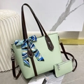 Mint green lychee pattern leather tote bag with silk scarf and matching small pouch - Green