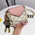 Pink and white crossbody bag with pearl handle, diamond pattern and bunny charm - Pink
