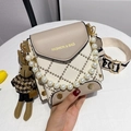 Mini crossbody bag with pearl handle and rabbit charm in beige and brown PU leather - Khaki