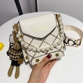Mini white crossbody bag with brown quilting, pearl handle and rabbit plush charm - Off White