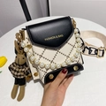 Mini crossbody bag in black and white diamond pattern with pearl handle and rabbit charm - Black
