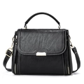 Classic black wrinkled PU leather crossbody bag with white stitching and gold hardware - Black
