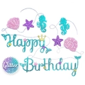 Glitzernde Meerjungfrau Happy Birthday Girlande mit blauen und rosa Elementen - Seepferdchen Krone Happy Birthday Stil