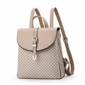Fashionable beige and brown geometric print backpack for women with gold metal hardware - Khaki