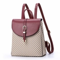 Retro plaid double shoulder backpack for women with red leather flap and geometric pattern - Khaki & Jujube Red
