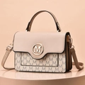 Beige and khaki jacquard mini crossbody bag with gold M-logo and adjustable strap - Khaki