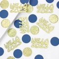 Navy blue and gold glitter confetti with Hello 2023 letters and round party dots - Blue Gold Circle and Gold Glitter HELLO 2026 Confetti