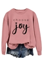 Detail of dusty pink sweatshirt with Choose Joy slogan and frayed denim shorts set - Rose Gold (Black Font)