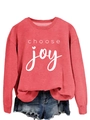 Close-up of a red round-neck sweatshirt with 'choose joy' print and frayed denim shorts - Red (White Font)