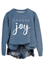 Detail of blue long-sleeve sweatshirt with white Choose Joy script and small heart print - Blue (White Font)
