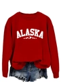 Détail d'un sweat rouge à col rond avec lettrage Alaska blanc et motif de montagne - S / Rouge (Police Blanche)