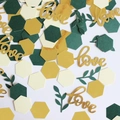 Sage green and gold hexagon confetti with love script and leaves for wedding decor - L0VE Hexagon Sage Confetti / 100pcs