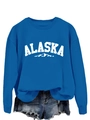 Flat lay of blue Alaska crewneck sweatshirt with ribbed cuffs and denim shorts - S / Lake Blue (White Font)