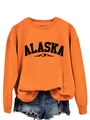 Detail of orange crewneck Alaska sweatshirt with mountain graphic and ribbed collar - S / Orange (Black Font)