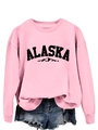Close-up of Alaska mountain print and bold black lettering on pink crewneck sweatshirt - S / Pink (Black Font)