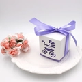 White laser-cut baby stroller candy box with a purple silk ribbon bow for baby showers - Baby Stroller / No Ribbon / Purple
