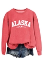 Detail of red crewneck sweatshirt featuring white ALASKA text and mountain silhouette print - S / Red (White Font)