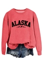 Detail of pink crewneck sweatshirt featuring Alaska mountain print and textured fabric - S / Red (Black Text)