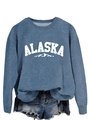 Detail of blue Alaska crewneck sweatshirt tucked into denim shorts on white background - S / Blue (White Font)