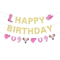 Pink and gold western cowgirl happy birthday banner with glitter letters and boot icons - Gold Letter Style