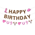 Pink western cowboy happy birthday banner set with boots and hat party decorations - Brown Letter Style