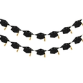 Glitter graduation banner with black mortarboard caps and gold tassels for party decor - Double Row Style / Black