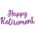 Striscione viola glitter Happy Retirement per decorazione festa di pensionamento - Striscione per Pensionamento Viola