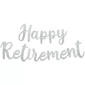 Glittery silver Happy Retirement banner for party decorations on a clean white background - Silver Retirement Banner
