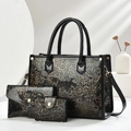 3-piece black tote bag set with golden floral embossing and polished leather texture - 3-Piece Set (28x11x21cm) / Gold Yellow