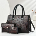 Detailed relief of rose patterns on black luxury 3-piece tote bag set with gold hardware - 3-Piece Set (28x11x21cm) / Burgundy