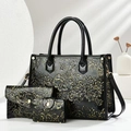 Three-piece black handbag set with golden floral embossing, long wallet and card holder - Earthy Yellow
