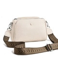 Detail of off-white lychee grain leather crossbody bag with ethnic style wide strap - White