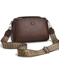 Dark brown lychee leather crossbody bag with ethnic style wide strap and silver hardware - Coffee