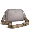 Chic gray lychee leather crossbody bag featuring a colorful geometric wide woven strap - Gray