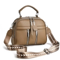 Close-up of brown lychee grain leather handbag with multi-zipper details and wide strap - 25*10*19cm / Khaki