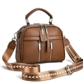 Brown lychee texture crossbody bag with top handle and patterned strap on white background - 25*10*19cm / Earthy Yellow
