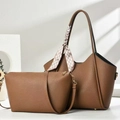 Brown leather tote bag set with matching small pouch and stylish patterned scarf handle - Dark Khaki
