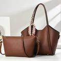 Close-up of brown litchi leather tote bag set with geometric silk scarf and crossbody bag - Coffee